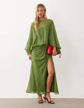 ASOS DESIGN balloon sleeve blouson waist midaxi dress in olive green