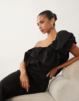 ASOS DESIGN scrunch one shoulder floor length dress in black