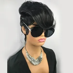 Short Pixie Cut HD Lace Human Hair Wig, Natural Wavy Brazilian Remy, Glueless with Bangs, Full Cap for Black Women