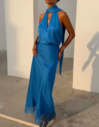 Never Fully Dressed satin high rice lace hem maxi skirt in blue - part of a set