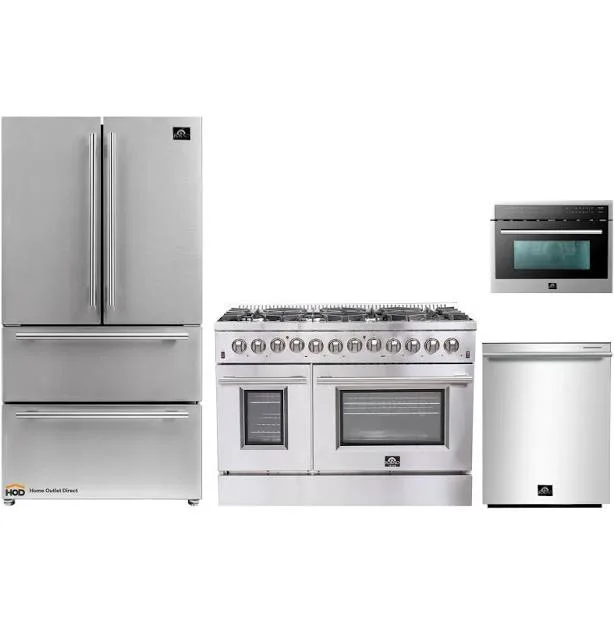Forno 4-Piece Appliance Package - 48-Inch Dual Fuel Range, Refrigerator, 24-Inch Microwave Oven, & 3-Rack Dishwasher in