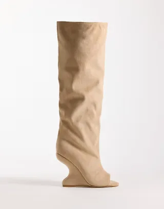 Azalea Wang Vincent wedge heel knee boots in cream suede