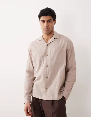 ASOS DESIGN relaxed camp collar crinkle textured shirt in beige