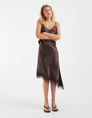 ONLY asymmetric satin lace midi skirt in brown - part of a set