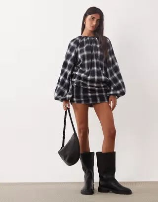 ASOS DESIGN crew neck mini dress with gathered skirt detail in tan brushed plaid