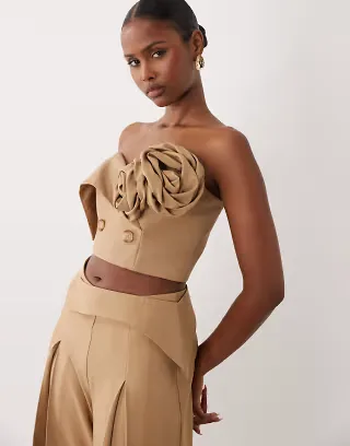 ASOS LUXE tailored top with rosette detail in taupe - part of a set