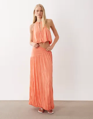 ASOS DESIGN bubble hem maxi skirt in coral crinkle - part of a set