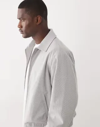 ASOS DESIGN smart oversized Harrington jacket in light gray seersucker - part of a set