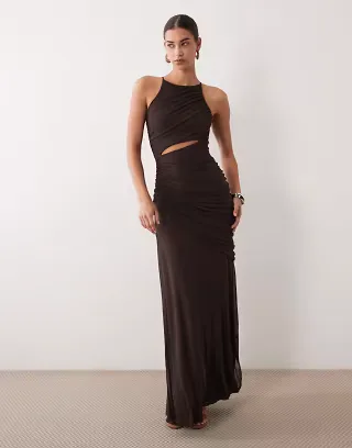 ASOS DESIGN mesh square halter maxi dress with asymmetric ruching in brown