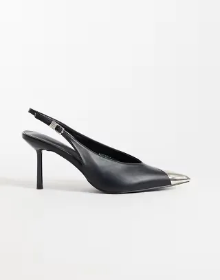 Kaiia exclusive faux leather silver point sling back kitten heels in black