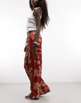 ASOS DESIGN satin wide leg pants in red paisley print -set