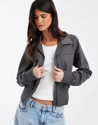 Hollister y2k mock neck twill fitted jacket in charcoal