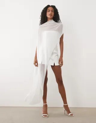 JW PEI Bridal mesh asymmetric button back cape in white - part of a set