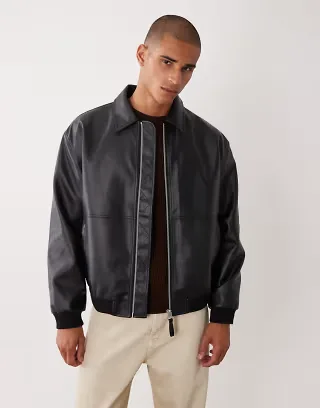 ASOS DESIGN faux leather oversized bomber in black