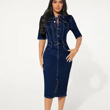 Shein Women's Flap Pocket Split Hem Denim Dress