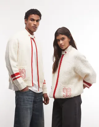 Reclaimed Vintage unisex cream cable zip through funnel neck with number graphic