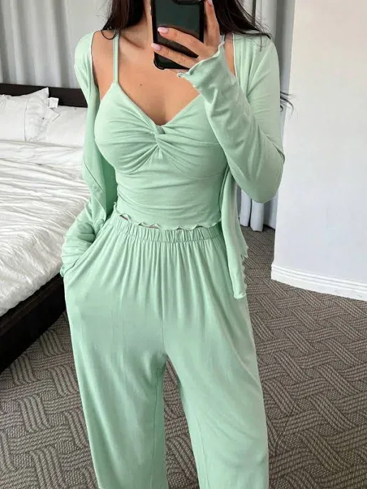 Shein |3pcs Solid Color Knit Twist Design Camisole Top & Open Front Top & Pants Women Lounge Set Fall Winter Clothes