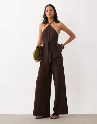 ASOS DESIGN textured wide leg pants in chocolate - part of a set