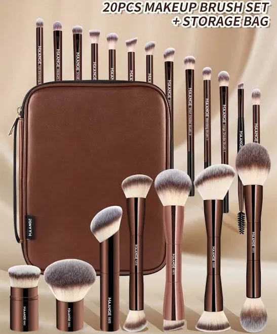 MAANGE Coffee Brown 20Pcs Professional Makeup Brushes Sets Kits Cosmetic Brush Beauty Supplies Metal Handle Nylon Bristl