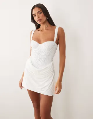 Oh Polly embellished corset drape skirt mini dress in white
