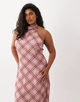 ASOS DESIGN Curve chiffon high neck halter neck midaxi dress in pink plaid