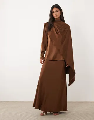 JW PEI exclusive satin maxi slip skirt in chocolate - part of a set