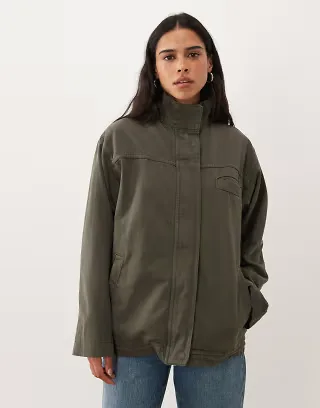 ASOS DESIGN denim funnel neck jacket in khaki