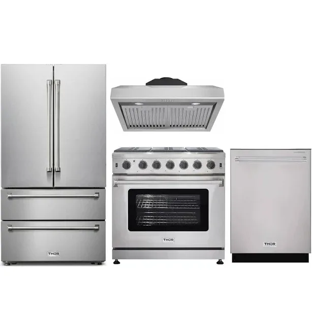 Thor Kitchen 4-Piece Appliance Package - 36-Inch Gas Range, French Door Refrigerator, Under Cabinet Hood and Dishwasher