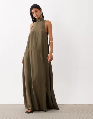 ASOS DESIGN smock maxi dress with funnel neck and dropped waist in techy fabric in dark olive