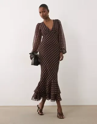 Lace & Beads v-neck balloon sleeve ruffle hem midaxi dress in chocolate and cream polka dots