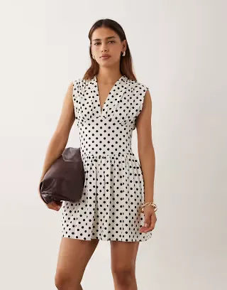 ASOS DESIGN short sleeve cinched-in waist mini dress in white with black polka dots