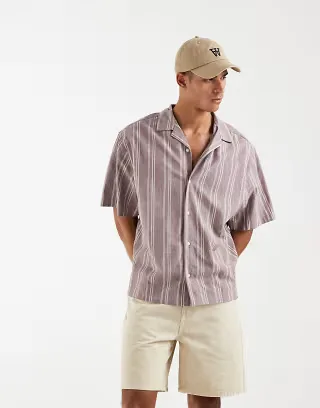 ASOS DESIGN oversized linen look striped shirt in brown