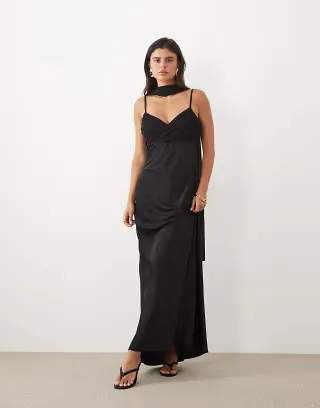 Kaiia exclusive satin halterneck scarf detail sheer hem maxi dress in black