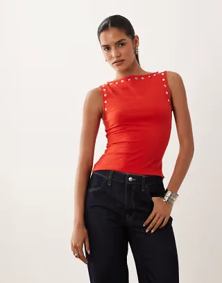 ASOS DESIGN tank top with stud details in red