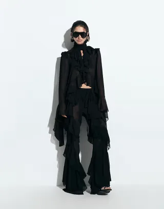 Noughts & Kisses chiffon extreme ruffle detail wide leg pants in black - part of a set