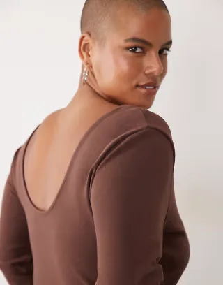 ASOS DESIGN Curve compact cotton long sleeve top with curved neckline in chocolate