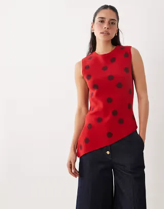 ASOS DESIGN knit cinched asymmetric top in red polka dot print