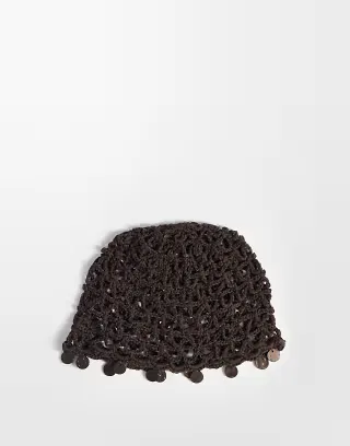 ASOS DESIGN crochet knit skull cap with faux shell trim in chocolate