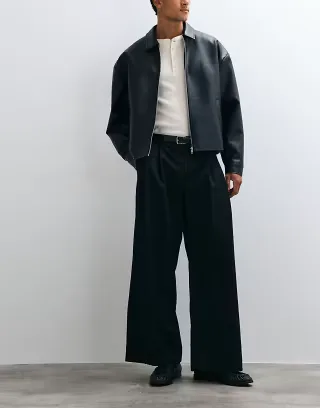 ASOS DESIGN tailored double pleated loose leg pants in black