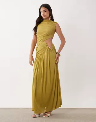 ASOS DESIGN ruched mesh high neck maxi dress with wire hardware trim in olive