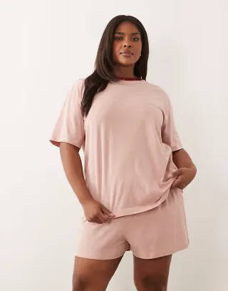 ASOS DESIGN Curve slubby cotton oversized tee and shorts set with contrast neck binding in washed red