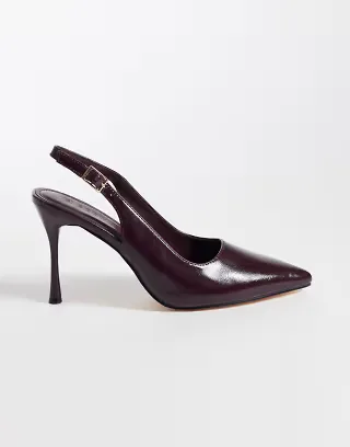 SEQWL Wide Fit slingback pointed stiletto heel shoes in burgundy faux leather