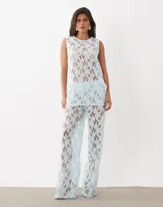 ASOS DESIGN sheer lace oversized longline tank top and wide leg pants set in pale blue