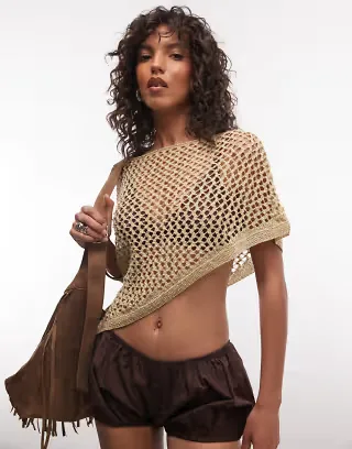 Reclaimed Vintage crochet knit metallic poncho in choc