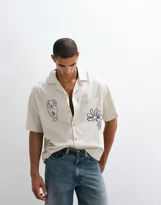 ASOS DESIGN boxy oversized shirt with summer print in white