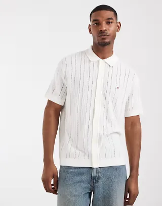 Tommy Hilfiger pointelle short sleeve knit shirt in white
