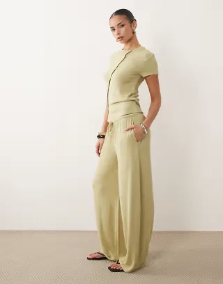 ASOS DESIGN textured knit wide leg pants in sage - part of a set