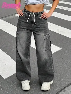 Teen Girls Vintage Street Style Adjustable Drawstring Waist Loose Comfortable Wide Leg Jeans