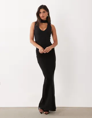 Vesper bengaline scoop maxi dress with high neck detail in black