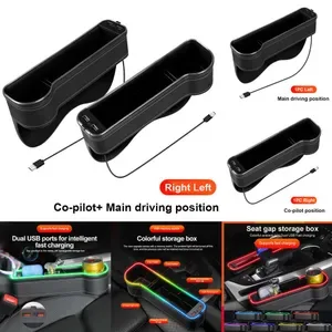 Auto Electronics Dual USB Car Seat Crevice Organizer - Colorful LED Armrest Storage Box, Fast Charging Cup & Phone Holde